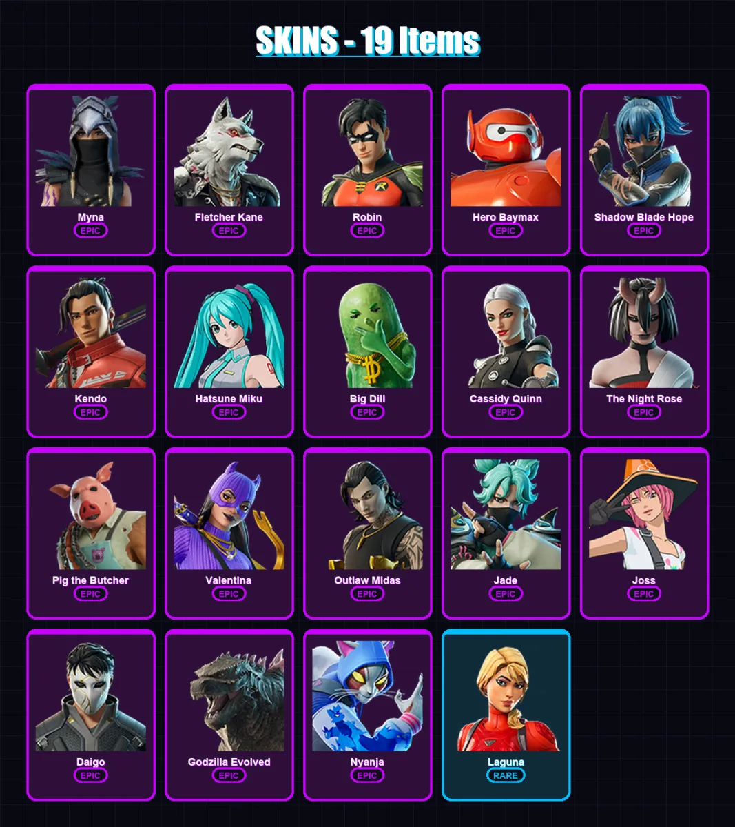 [PC/XBOX/PSN] | Myna | Fletcher Kane | Robin | Hero Baymax | Shadow Blade Hope | 19 skin | 29 pickaxe | 19 emote | 23 glider | Lv205 — Fortnite account