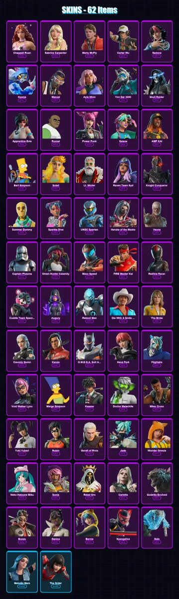 [PC/PSN] | Chappell Roan | Sabrina Carpenter | Marty McFly | Carter Wu | Sedona | 62 skin | 49 pickaxe | 32 emote | 22 glider | Lv146