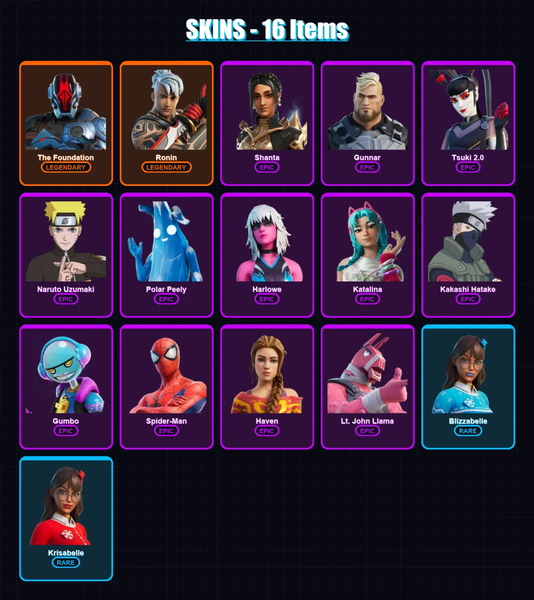 [PC/XBOX/PSN] | The Foundation | Ronin | Shanta | Gunnar | Tsuki 2.0 | 16 skin | 26 pickaxe | 16 emote | 22 glider | Lv267