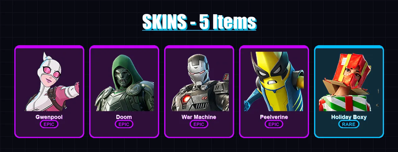 [PC/XBOX/PSN] | Gwenpool | Doom | War Machine | Peelverine | Holiday Boxy | 5 skin | 34 pickaxe | 18 emote | 28 glider | Lv495
