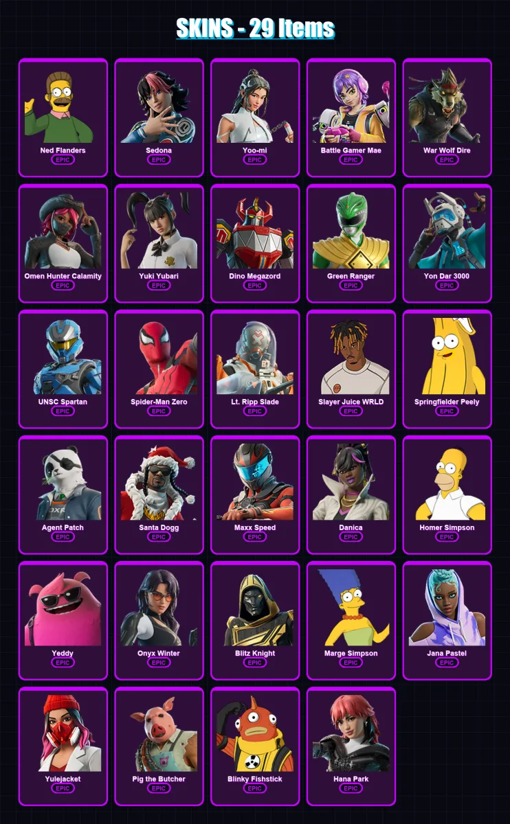 [PC] | Ned Flanders | Sedona | Yoo-mi | Battle Gamer Mae | War Wolf Dire | 29 skin | 76 pickaxe | 41 emote | 43 glider | Lv627