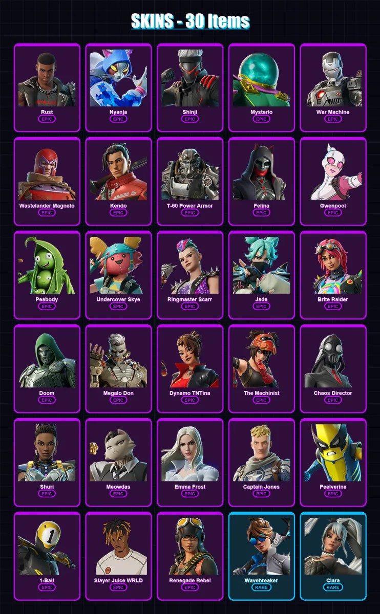 [PS4/PS5/XBOX/PC] | Rust | Nyanja | Shinji | Mysterio | War Machine | 30 skin | 47 pickaxe | 39 emote | 37 glider | Lv444 — Fortnite account