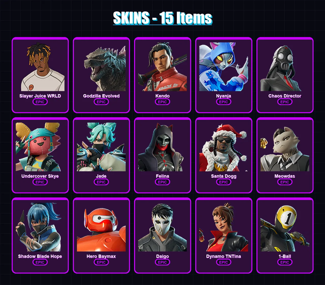 [PC/XBOX] | Slayer Juice WRLD | Godzilla Evolved | Kendo | Nyanja | Chaos Director | 15 skin | 32 pickaxe | 21 emote | 21 glider | Lv220