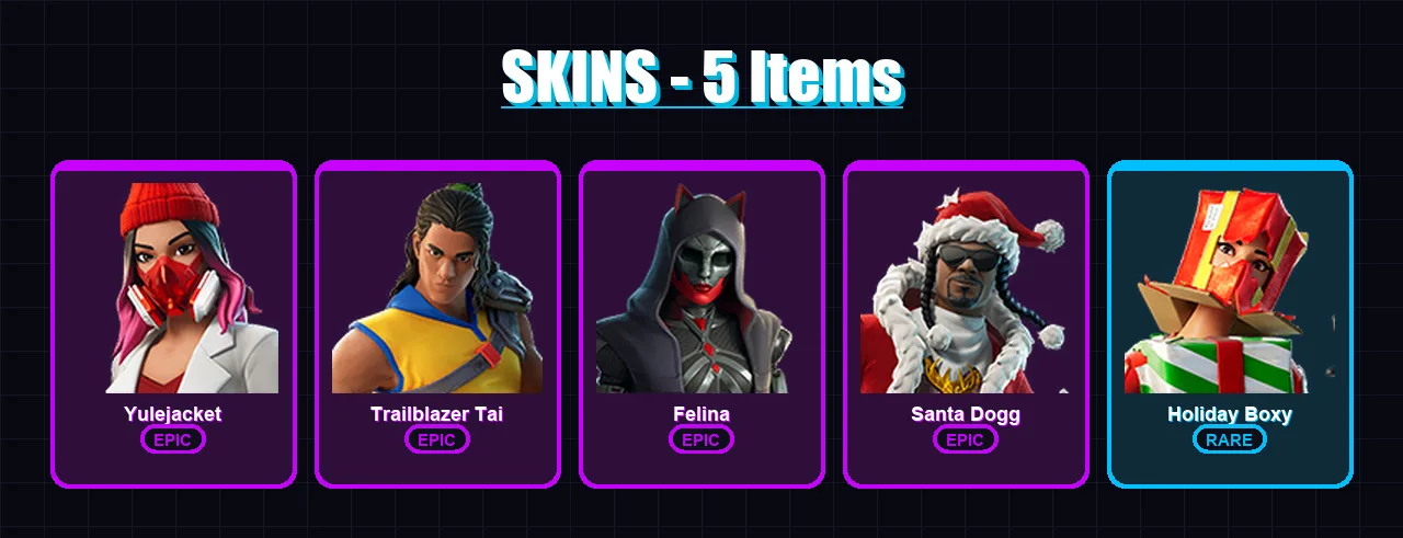[PC/XBOX/PSN] | Yulejacket | Trailblazer Tai | Felina | Santa Dogg | Holiday Boxy | 5 skin | 18 pickaxe | 6 emote | 14 glider | Lv188
