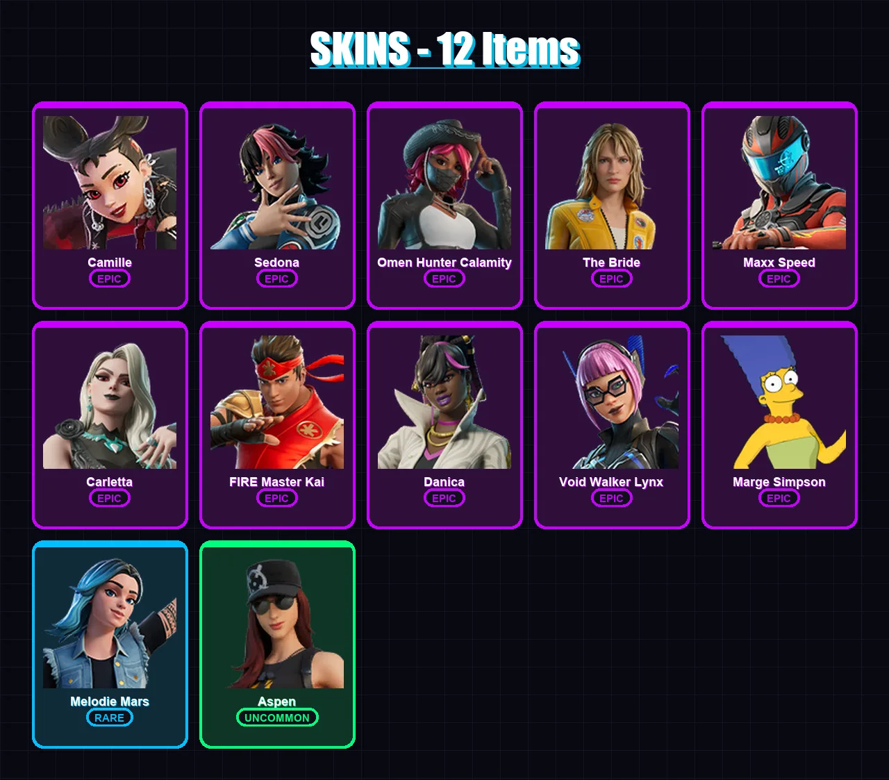 [SWITCH/XBOX/PSN/PC] | Camille | Sedona | Omen Hunter Calamity | The Bride | Maxx Speed | 12 skin | 11 pickaxe | 6 emote | 4 glider | Lv24