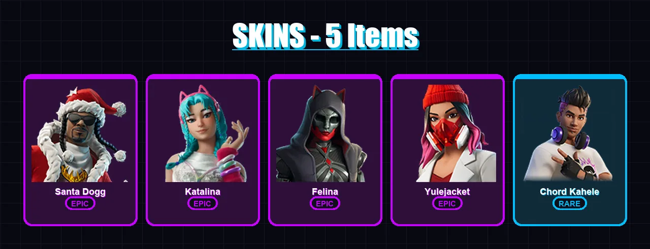 [PC/XBOX/PSN] | Santa Dogg | Katalina | Felina | Yulejacket | Chord Kahele | 5 skin | 15 pickaxe | 7 emote | 8 glider | Lv136