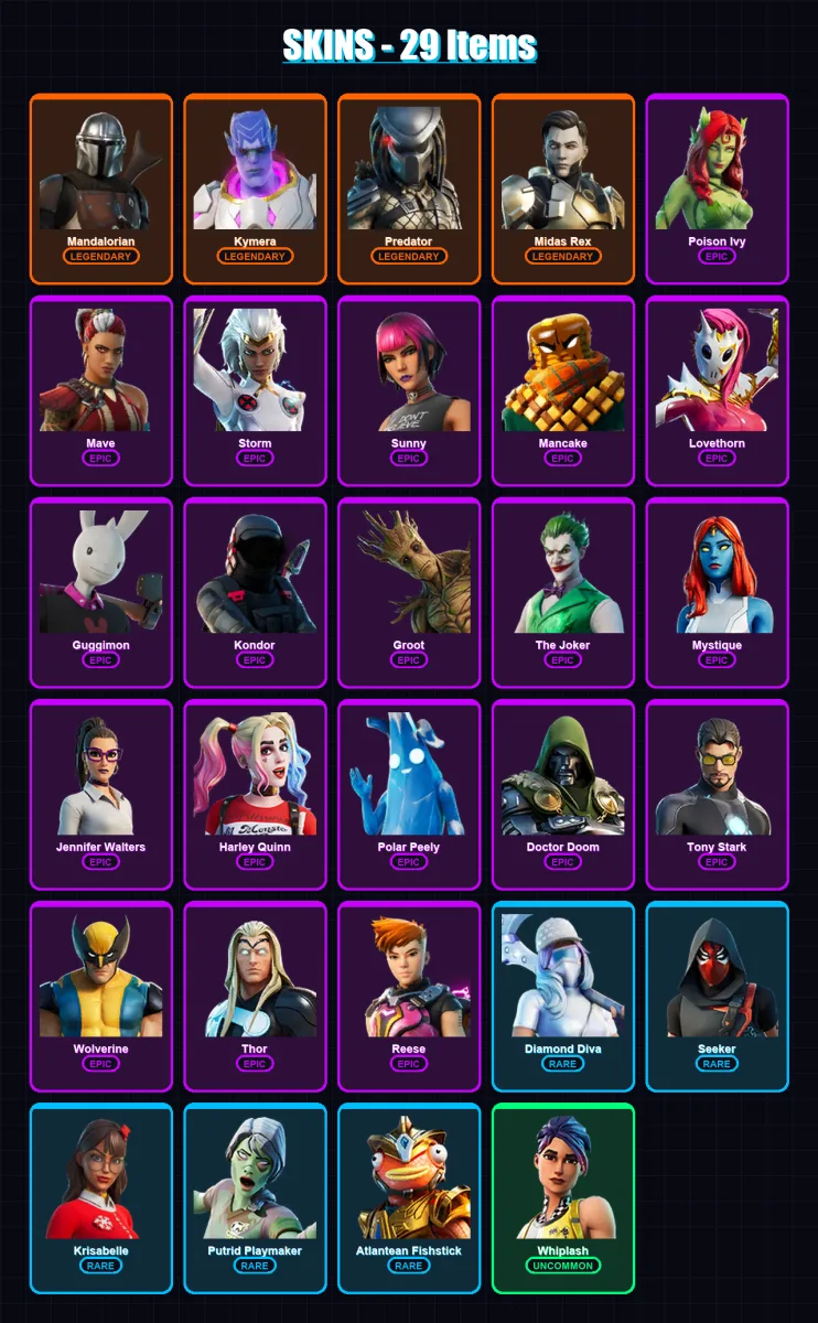 [PC/XBOX/PSN] | Mandalorian | Kymera | Predator | Midas Rex | Poison Ivy | 29 skin | 55 pickaxe | 30 emote | 42 glider | Lv639