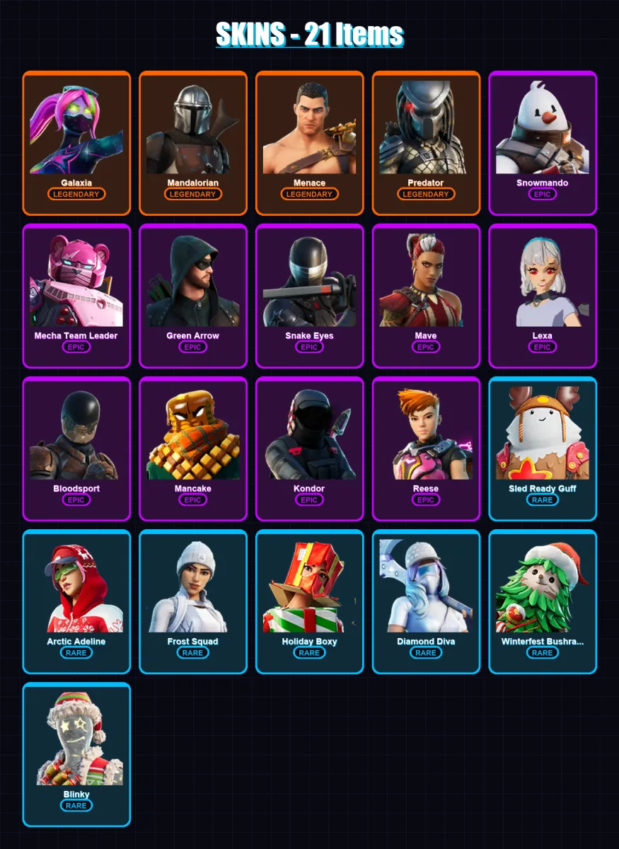 [SWITCH/XBOX/PSN/PC] | Galaxia | Mandalorian | Menace | Predator | Snowmando | 21 skin | 25 pickaxe | 32 emote | 27 glider | Lv494