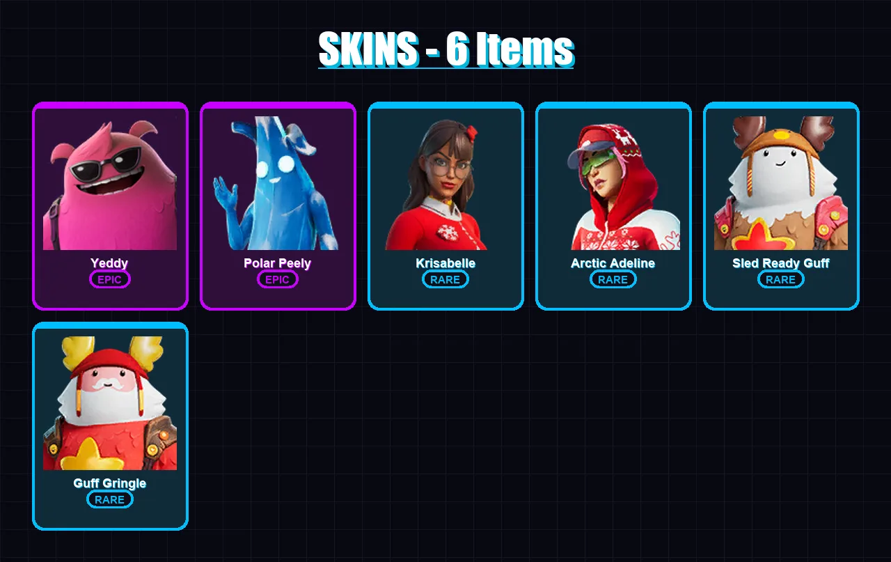 [PC/XBOX] | Yeddy | Polar Peely | Krisabelle | Arctic Adeline | Sled Ready Guff | 6 skin | 16 pickaxe | 14 emote | 21 glider | Lv234