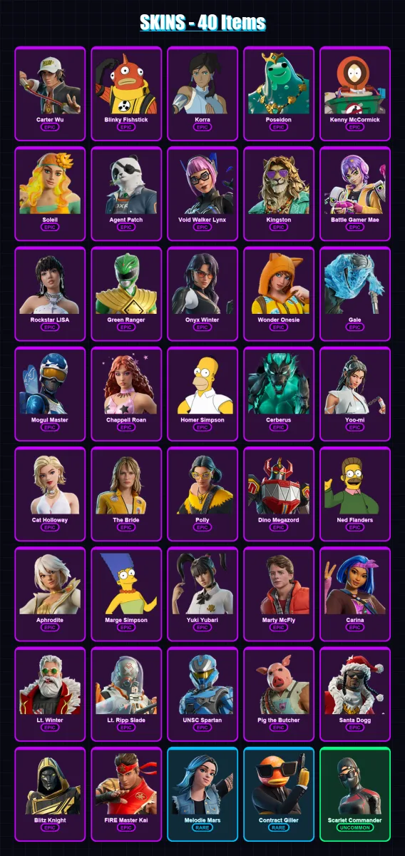[PC/XBOX/PSN] | Carter Wu | Blinky Fishstick | Korra | Poseidon | Kenny McCormick | 40 skin | 86 pickaxe | 51 emote | 59 glider | Lv619