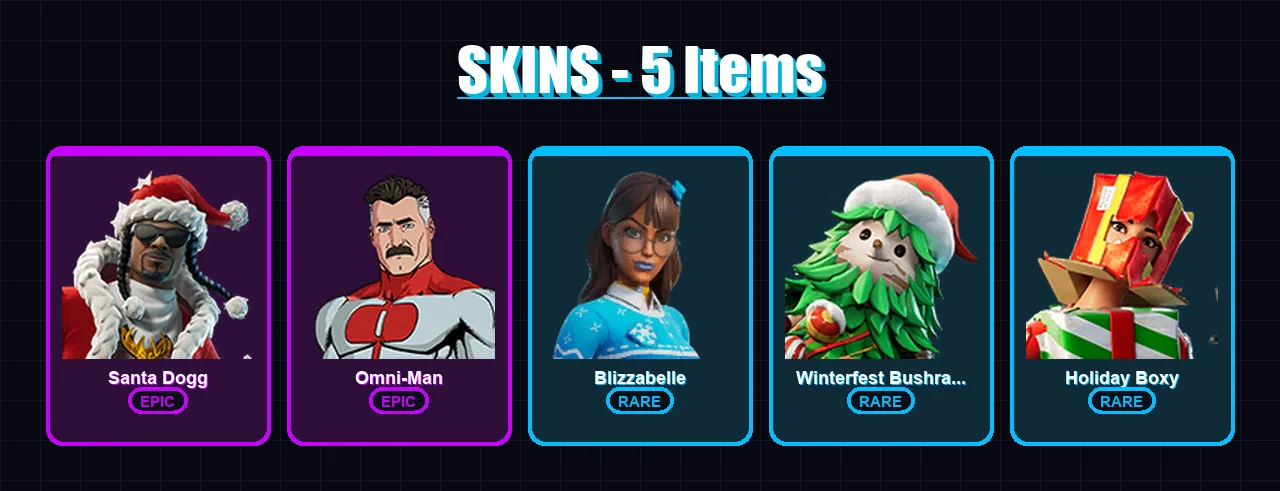 [PC/PSN] | Santa Dogg | Omni-Man | Blizzabelle | Winterfest Bushranger | Holiday Boxy | 5 skin | 19 pickaxe | 10 emote | 22 glider | Lv187