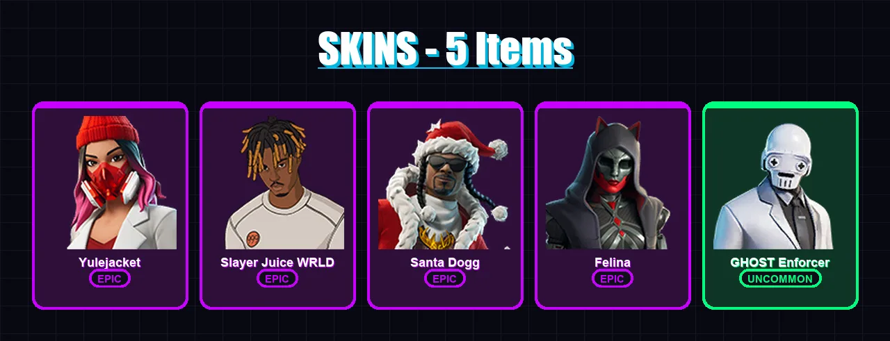 [PS4/PS5/XBOX/PC] | Yulejacket | Slayer Juice WRLD | Santa Dogg | Felina | GHOST Enforcer | 5 skin | 44 pickaxe | 16 emote | 32 glider | Lv456