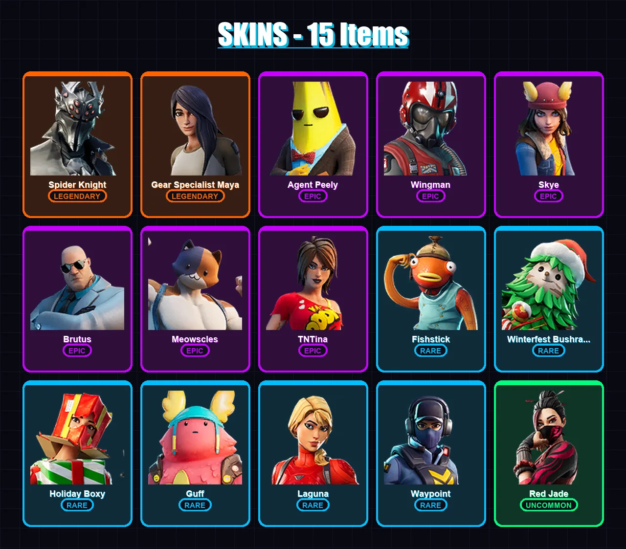 [PC/XBOX] | Spider Knight | Gear Specialist Maya | Agent Peely | Wingman | Skye | 15 skin | 11 pickaxe | 36 emote | 20 glider | Lv291