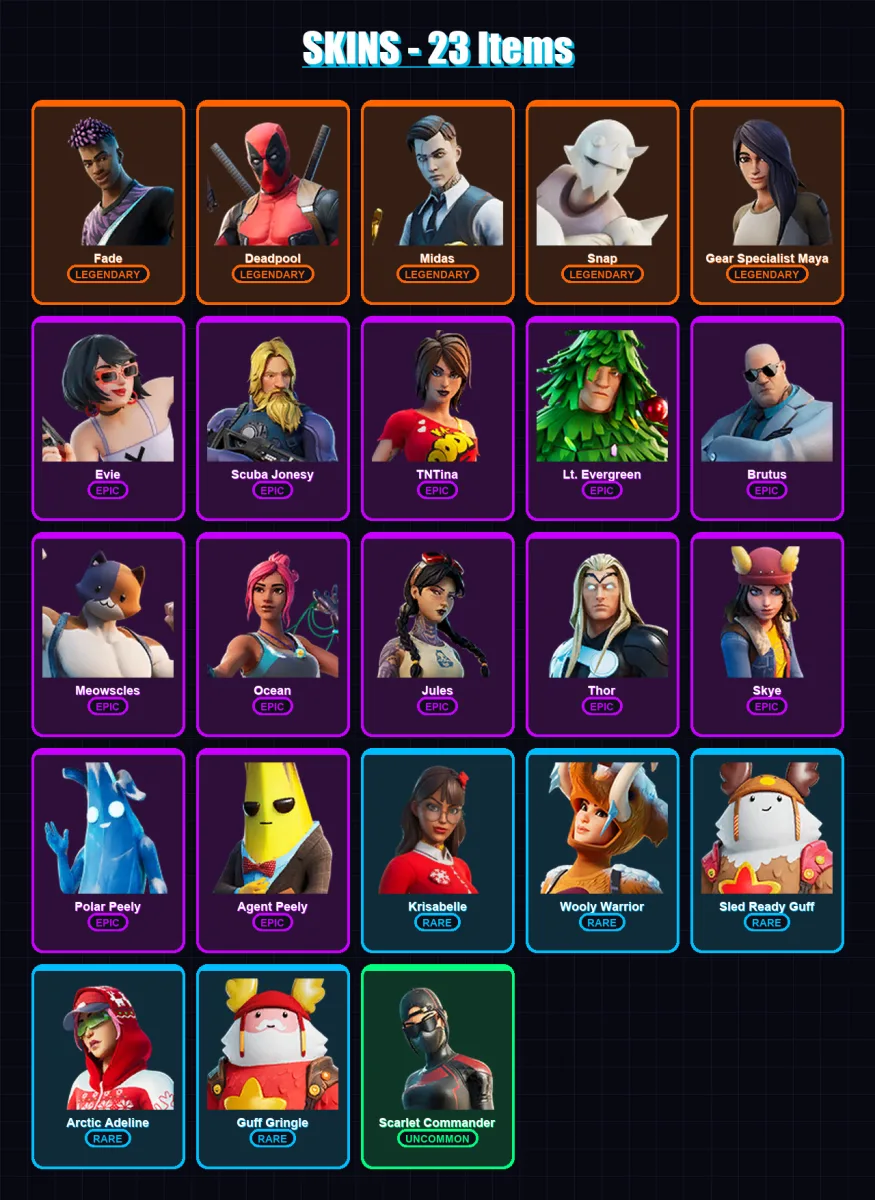 [SWITCH/XBOX/PSN/PC] | Fade | Deadpool | Midas | Snap | Gear Specialist Maya | 23 skin | 41 pickaxe | 46 emote | 50 glider | Lv683