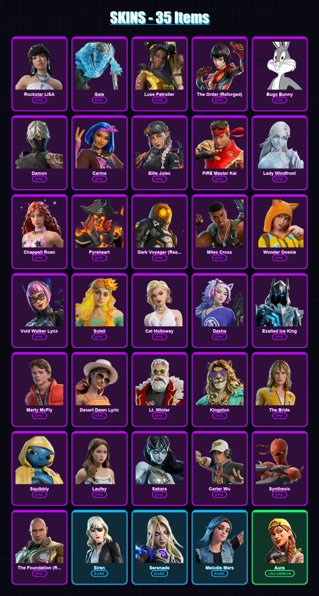 [PC/XBOX/PSN] | Rockstar LISA | Gale | Luxe Patroller | The Order (Reforged) | Bugs Bunny | 35 skin | 49 pickaxe | 31 emote | 27 glider | Lv406