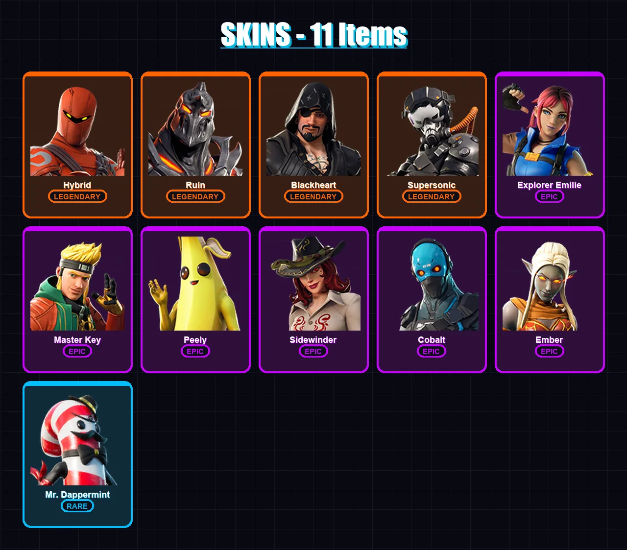 [SWITCH/XBOX/PSN/PC] | Hybrid | Ruin | Blackheart | Supersonic | Explorer Emilie | 11 skin | 14 pickaxe | 21 emote | 16 glider | Lv199
