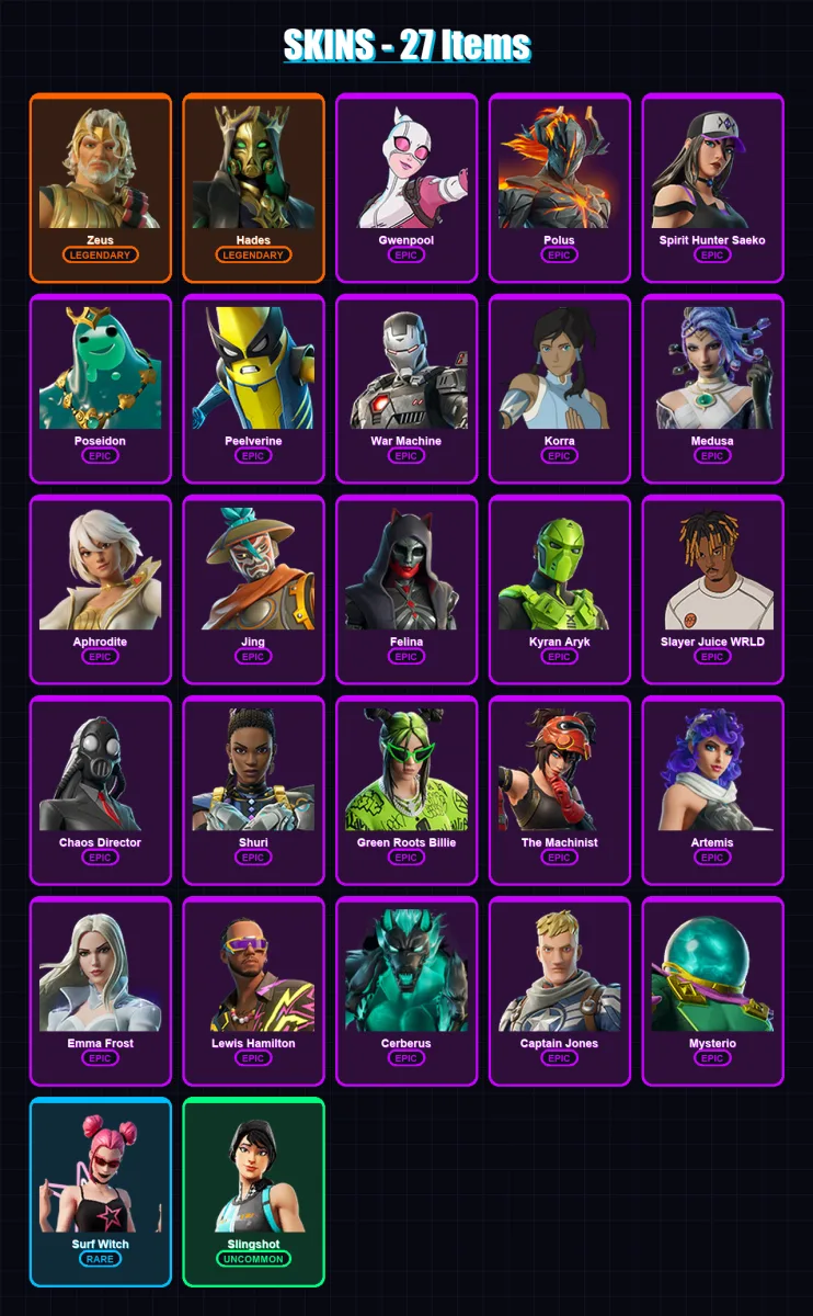[PC/XBOX/PSN] | Zeus | Hades | Gwenpool | Polus | Spirit Hunter Saeko | 27 skin | 43 pickaxe | 27 emote | 25 glider | Lv306