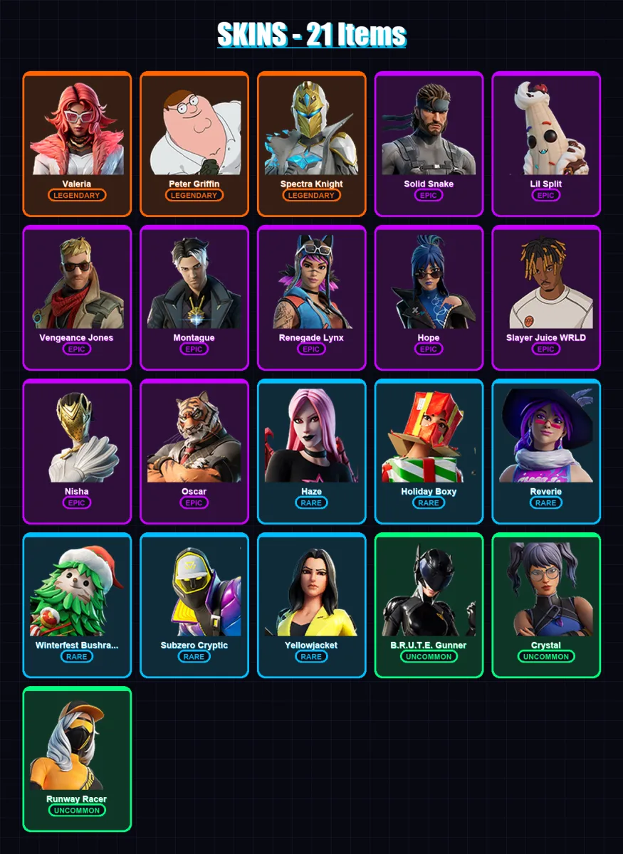 [PS4/PS5/XBOX/PC] | Valeria | Peter Griffin | Spectra Knight | Solid Snake | Lil Split | 21 skin | 25 pickaxe | 13 emote | 30 glider | Lv475