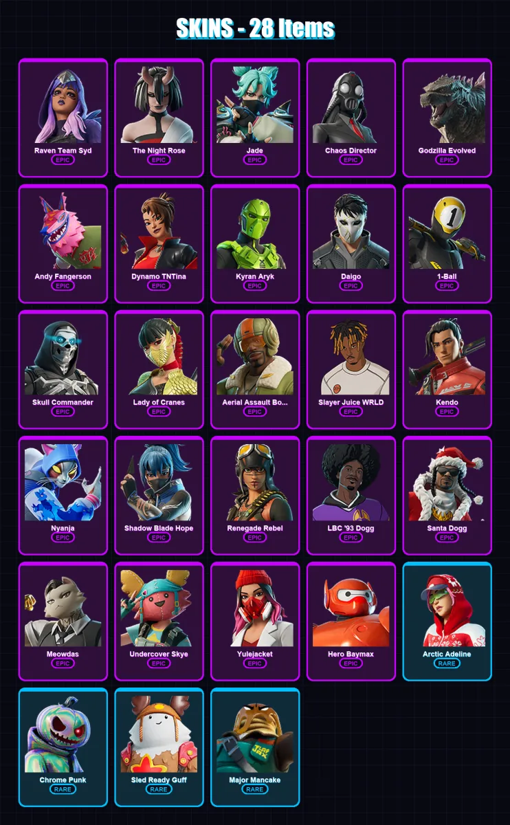 [PC/XBOX/PSN] | Raven Team Syd | The Night Rose | Jade | Chaos Director | Godzilla Evolved | 28 skin | 54 pickaxe | 41 emote | 44 glider | Lv626