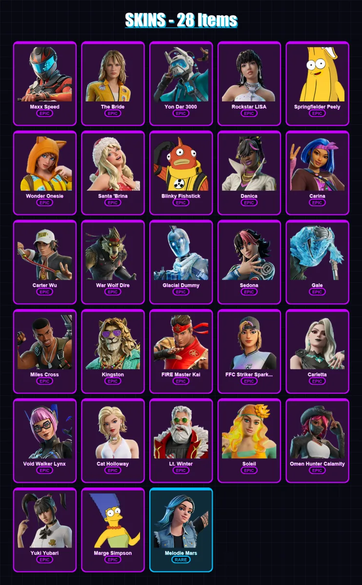 [PC/PSN] | Maxx Speed | The Bride | Yon Dar 3000 | Rockstar LISA | Springfielder Peely | 28 skin | 32 pickaxe | 24 emote | 18 glider | Lv107