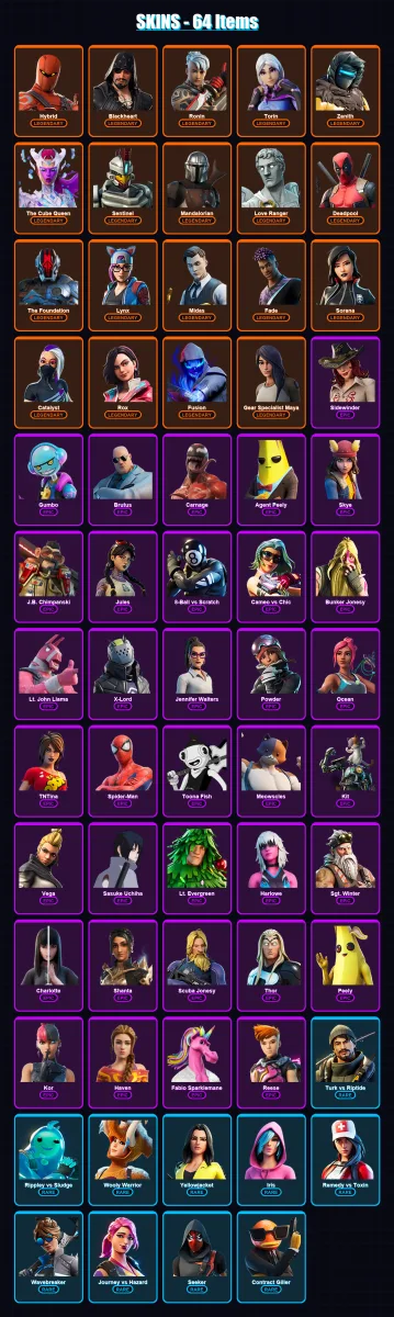 [SWITCH/XBOX/PSN/PC] | Hybrid | Blackheart | Ronin | Torin | Zenith | 64 skin | 76 pickaxe | 62 emote | 71 glider | Lv980