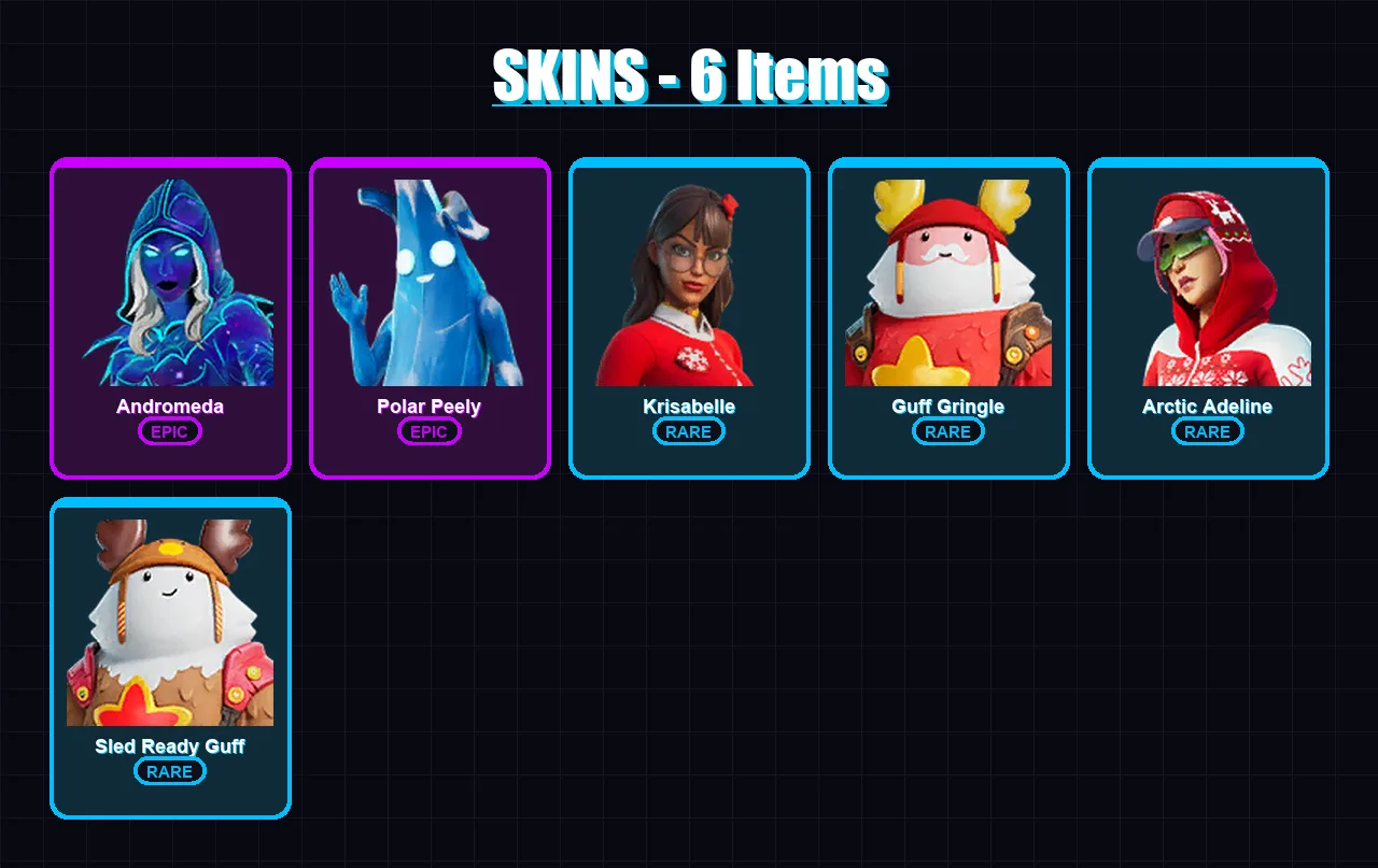 [PC/XBOX/PSN] | Andromeda | Polar Peely | Krisabelle | Guff Gringle | Arctic Adeline | 6 skin | 9 pickaxe | 4 emote | 7 glider | Lv26