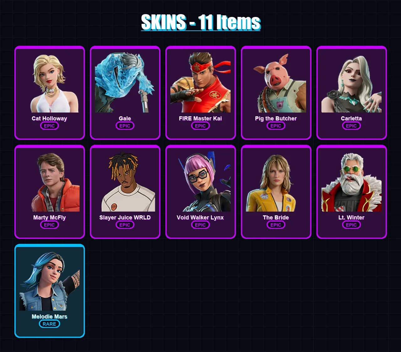 [PC/PSN] | Cat Holloway | Gale | FIRE Master Kai | Pig the Butcher | Carletta | 11 skin | 26 pickaxe | 14 emote | 14 glider | Lv91