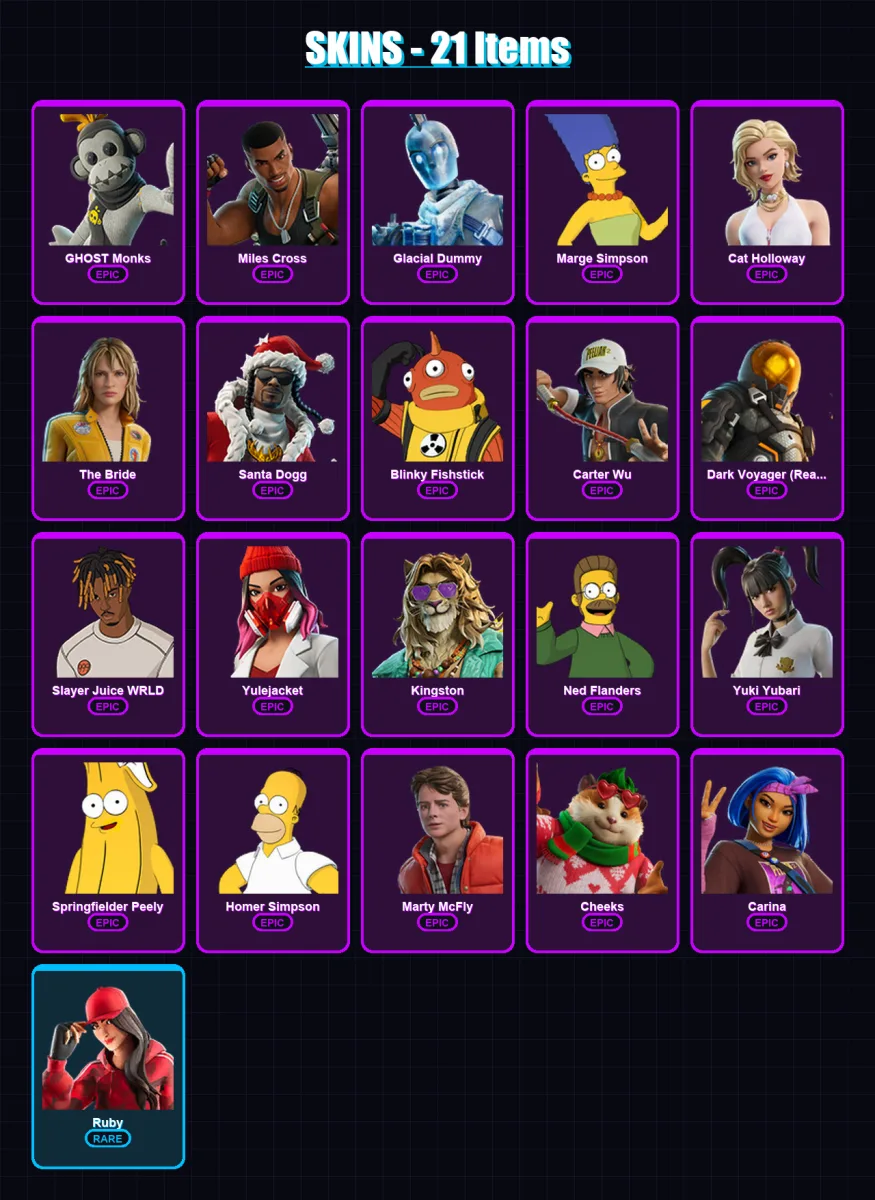 [PC/XBOX/PSN] | GHOST Monks | Miles Cross | Glacial Dummy | Marge Simpson | Cat Holloway | 21 skin | 52 pickaxe | 28 emote | 36 glider | Lv534