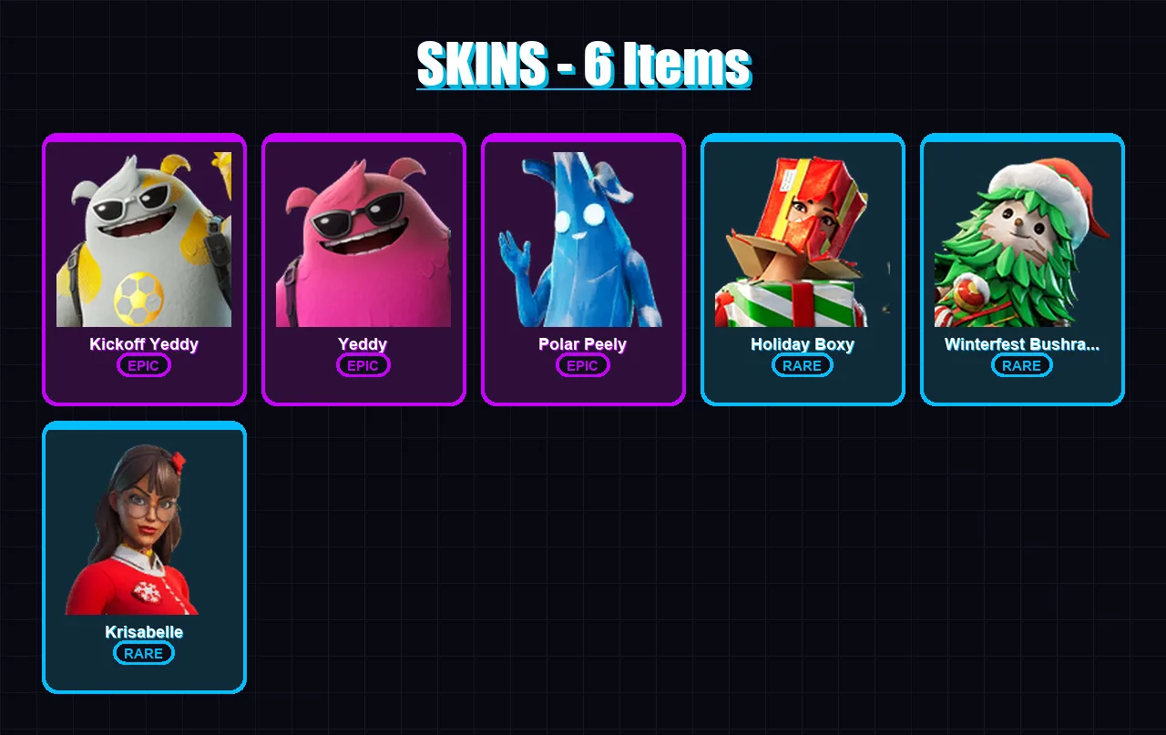 [PC/XBOX/PSN] | Kickoff Yeddy | Yeddy | Polar Peely | Holiday Boxy | Winterfest Bushranger | 6 skin | 16 pickaxe | 15 emote | 15 glider | Lv240
