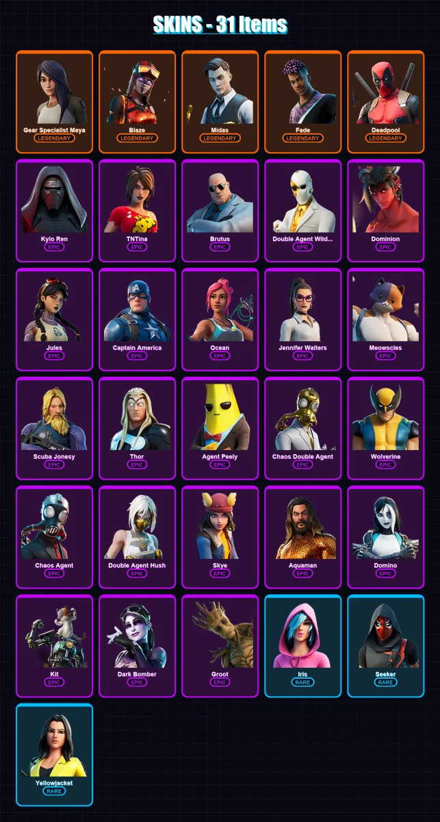 [PC/PSN] | Gear Specialist Maya | Blaze | Midas | Fade | Deadpool | 31 skin | 45 pickaxe | 47 emote | 38 glider | Lv684