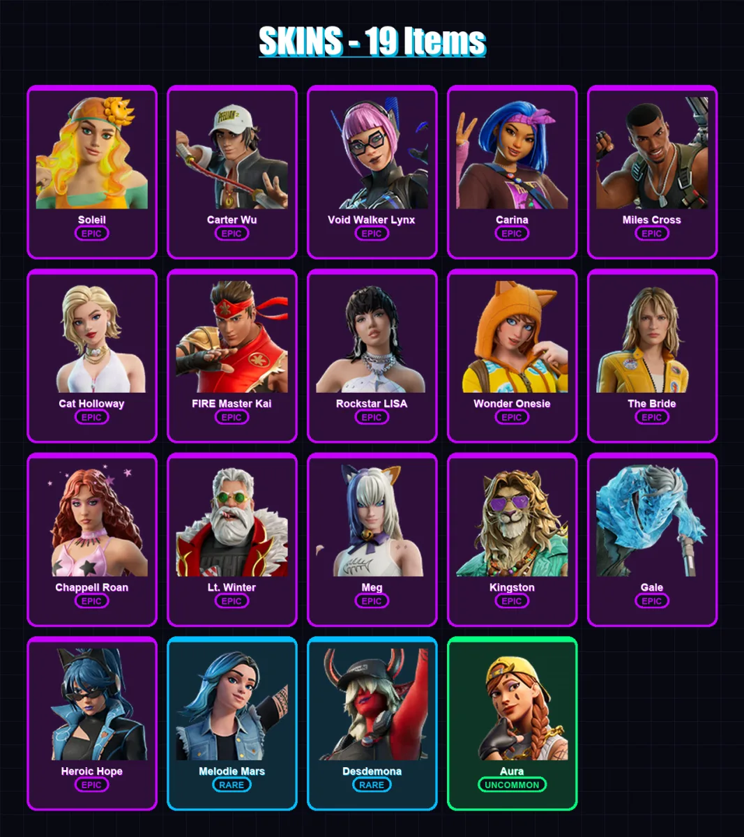 [PC/PSN] | Soleil | Carter Wu | Void Walker Lynx | Carina | Miles Cross | 19 skin | 28 pickaxe | 22 emote | 16 glider | Lv151