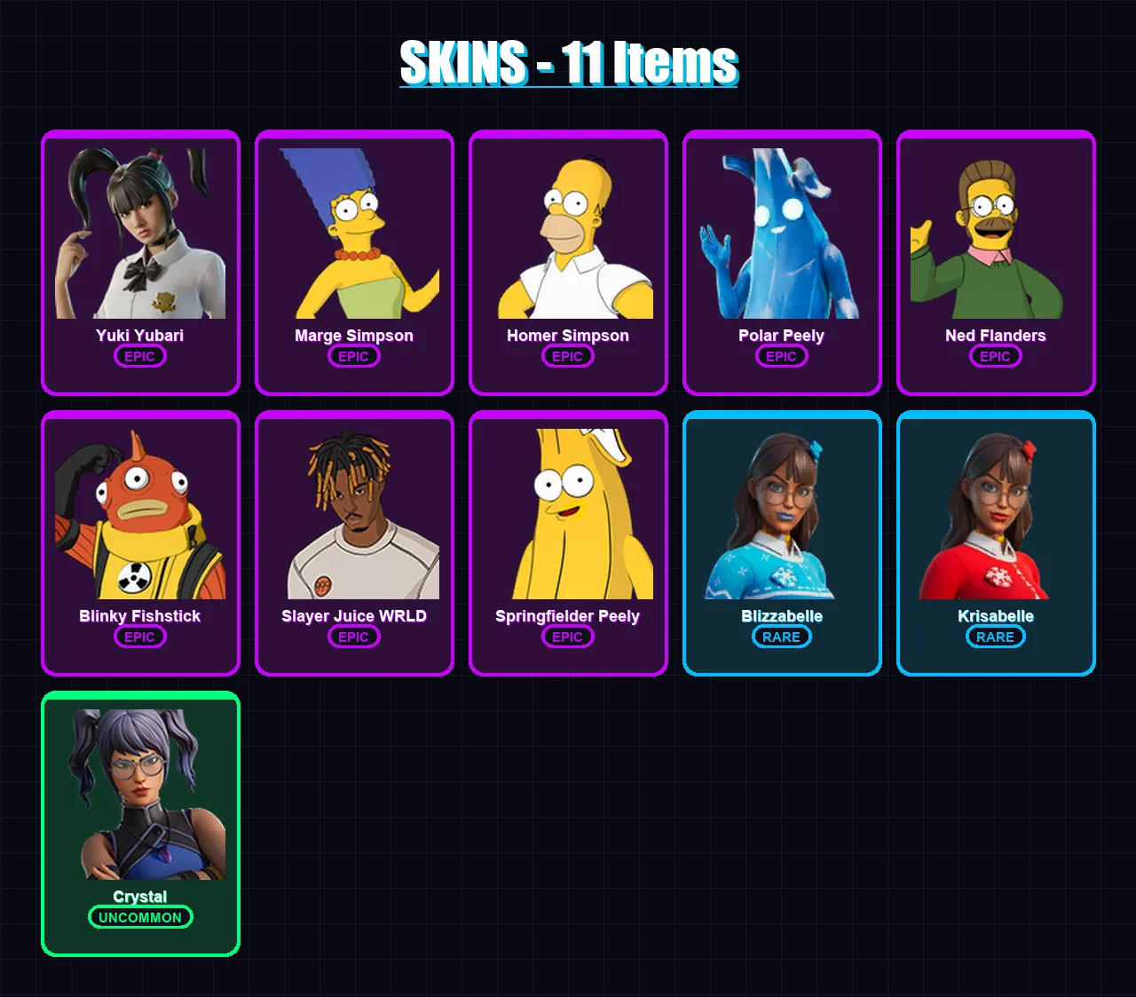 [PC/XBOX/PSN] | Yuki Yubari | Marge Simpson | Homer Simpson | Polar Peely | Ned Flanders | 11 skin | 36 pickaxe | 19 emote | 28 glider | Lv318