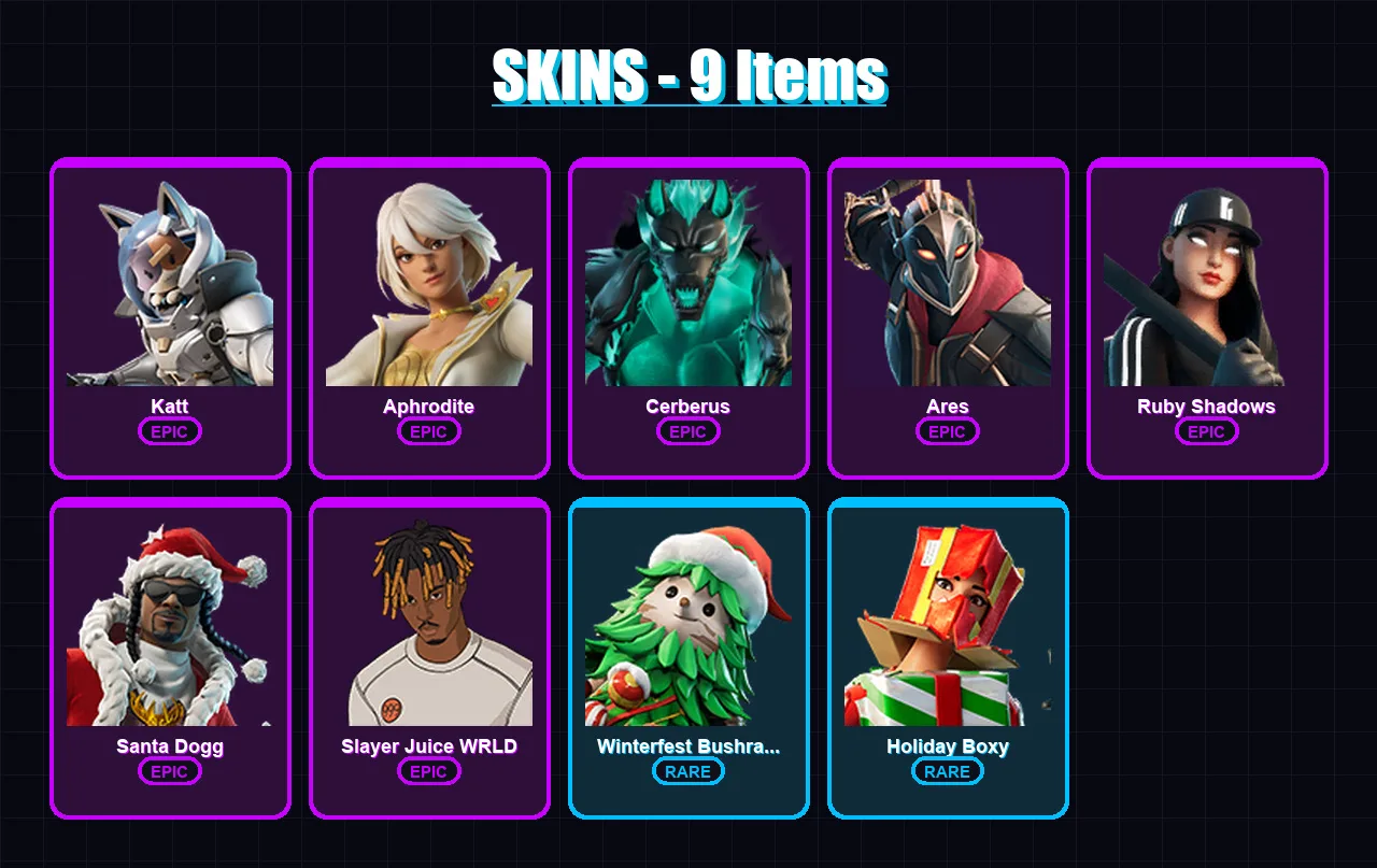 [PC/XBOX] | Katt | Aphrodite | Cerberus | Ares | Ruby Shadows | 9 skin | 38 pickaxe | 22 emote | 36 glider | Lv337