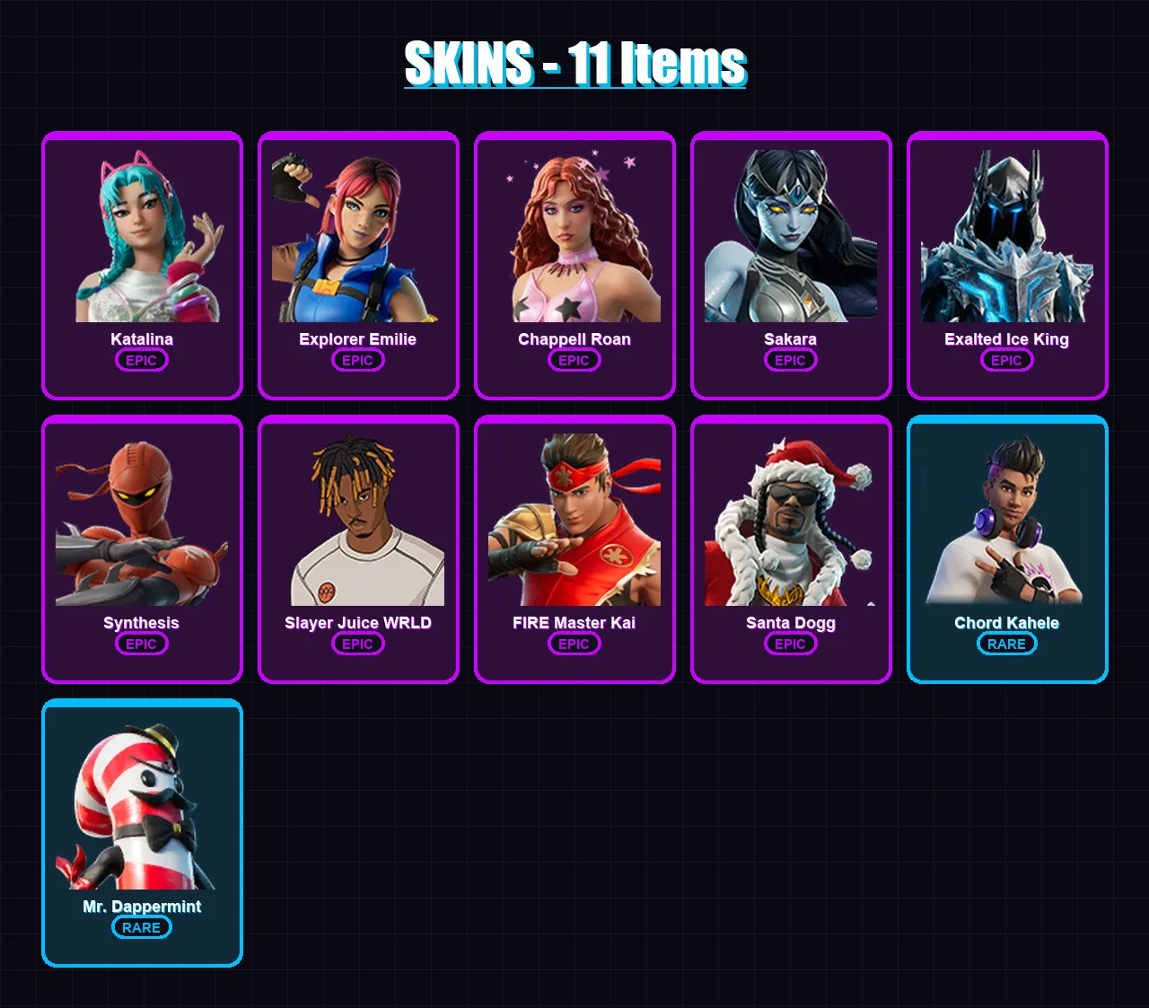[PC/XBOX/PSN] | Katalina | Explorer Emilie | Chappell Roan | Sakara | Exalted Ice King | 11 skin | 11 pickaxe | 3 emote | 8 glider | Lv22
