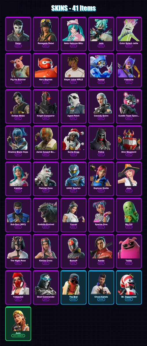 [PC/XBOX/PSN] | Daigo | Renegade Rebel | Neko Hatsune Miku | Jade | Color Splash Jellie | 41 skin | 67 pickaxe | 47 emote | 45 glider | Lv520