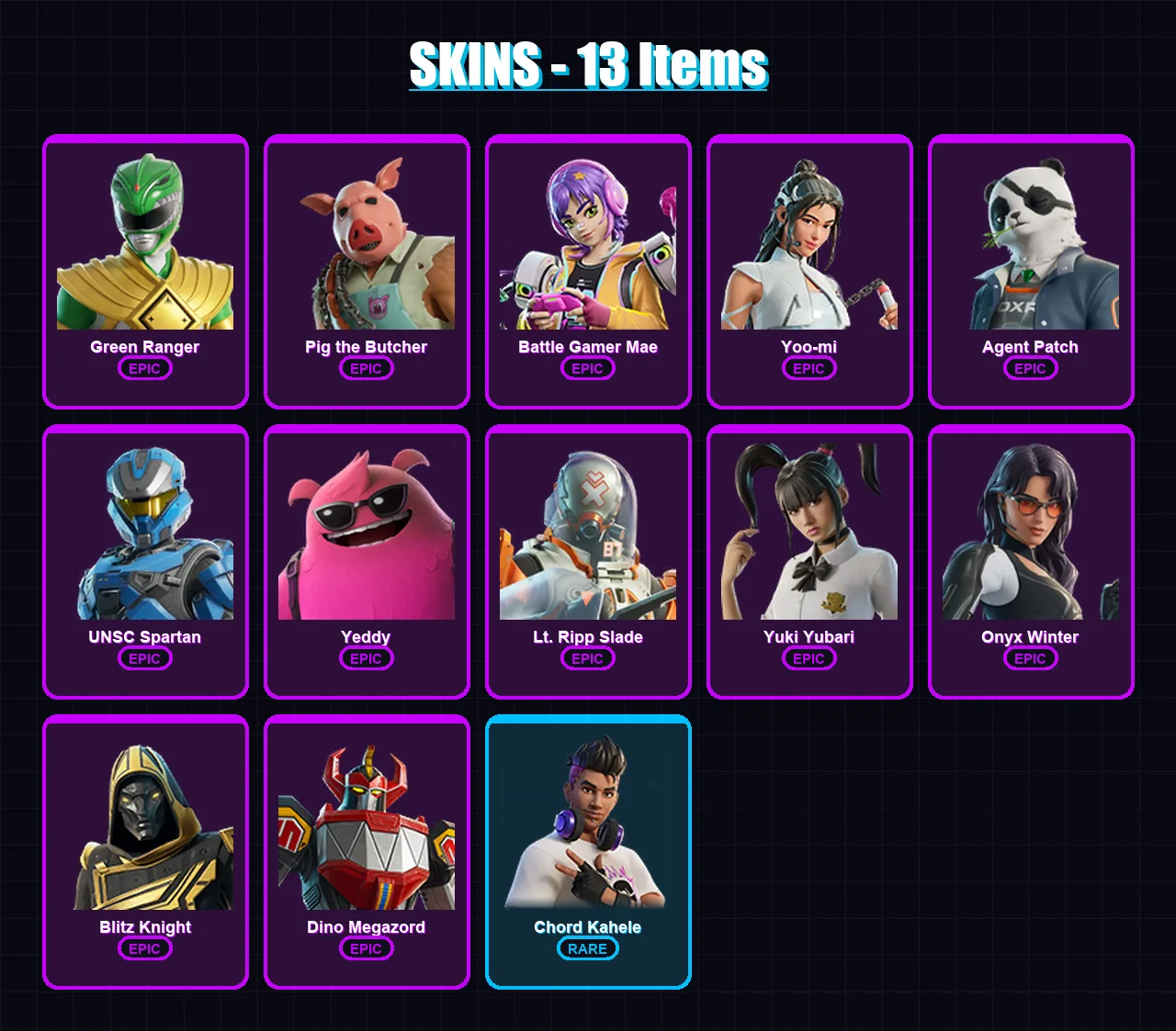 [PC/XBOX] | Green Ranger | Pig the Butcher | Battle Gamer Mae | Yoo-mi | Agent Patch | 13 skin | 69 pickaxe | 33 emote | 41 glider | Lv610
