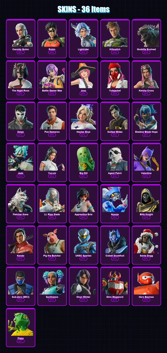 [PS4/PS5/XBOX/PC] | Cassidy Quinn | Robin | Lightrider | Killswitch | Godzilla Evolved | 36 skin | 69 pickaxe | 45 emote | 48 glider | Lv524