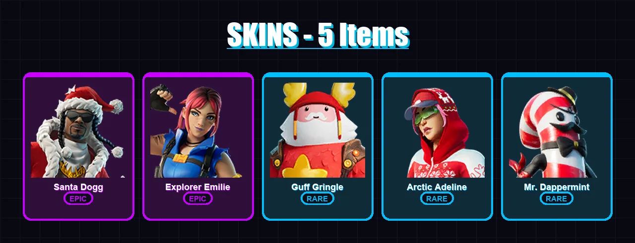 [PC/XBOX/PSN] | Santa Dogg | Explorer Emilie | Guff Gringle | Arctic Adeline | Mr. Dappermint | 5 skin | 2 pickaxe | 2 emote | 1 glider | Lv11