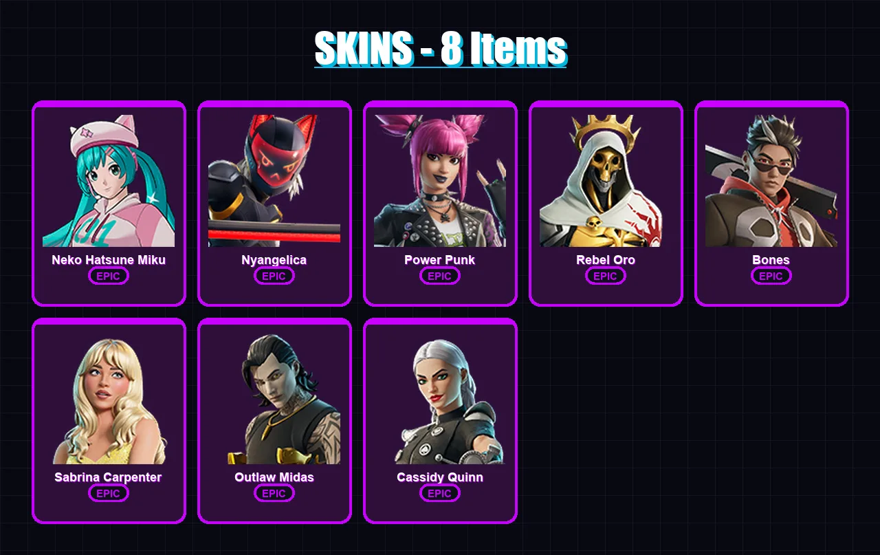 [PC/XBOX/PSN] | Neko Hatsune Miku | Nyangelica | Power Punk | Rebel Oro | Bones | 8 skin | 8 pickaxe | 6 emote | 5 glider | Lv34