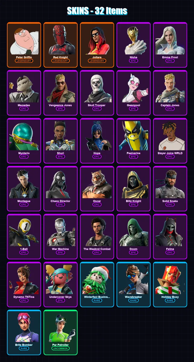 [PC/XBOX/PSN] | Peter Griffin | Red Knight | Joltara | Nisha | Emma Frost | 32 skin | 50 pickaxe | 33 emote | 40 glider | Lv532