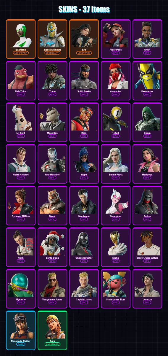 [PC/XBOX/PSN] | Backlash | Spectra Knight | Era | Piper Pace | Shuri | 37 skin | 74 pickaxe | 57 emote | 65 glider | Lv882