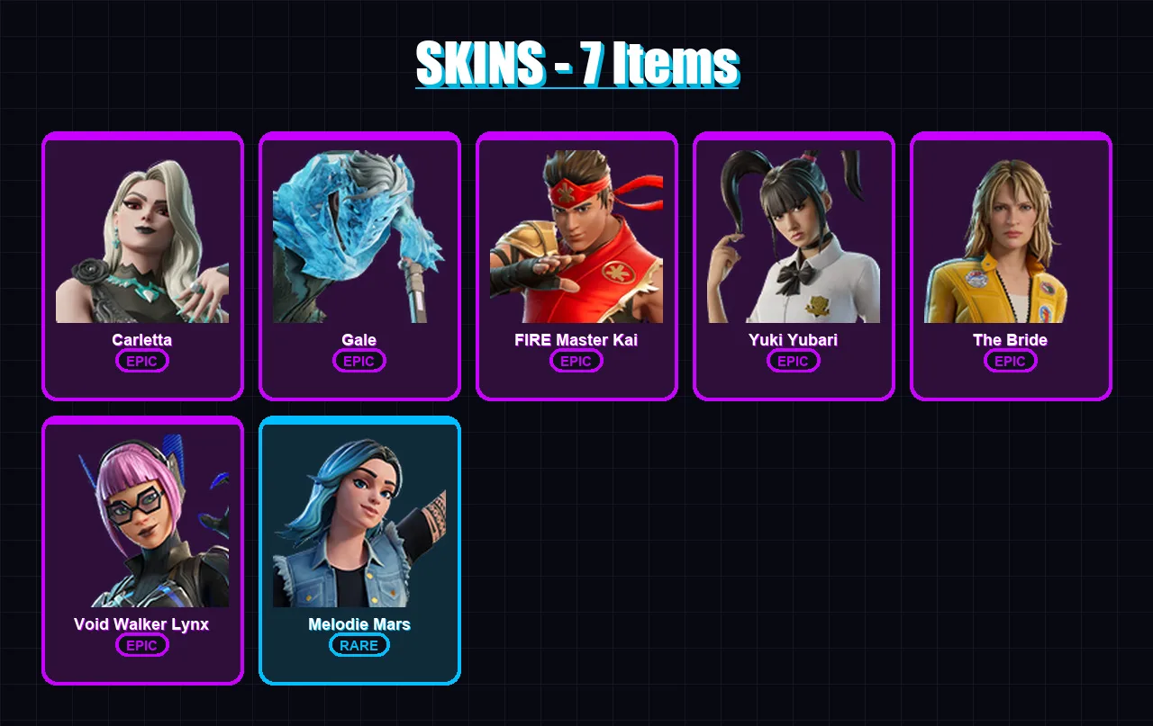 [PC/PSN] | Carletta | Gale | FIRE Master Kai | Yuki Yubari | The Bride | 7 skin | 4 pickaxe | 2 emote | 4 glider | Lv24