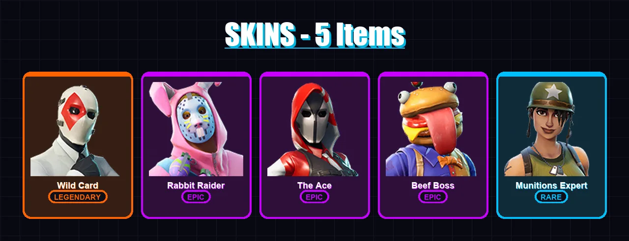 [PC/XBOX/PSN] | Wild Card | Rabbit Raider | The Ace | Beef Boss | Munitions Expert | 5 skin | 6 pickaxe | 7 emote | 6 glider | Lv77