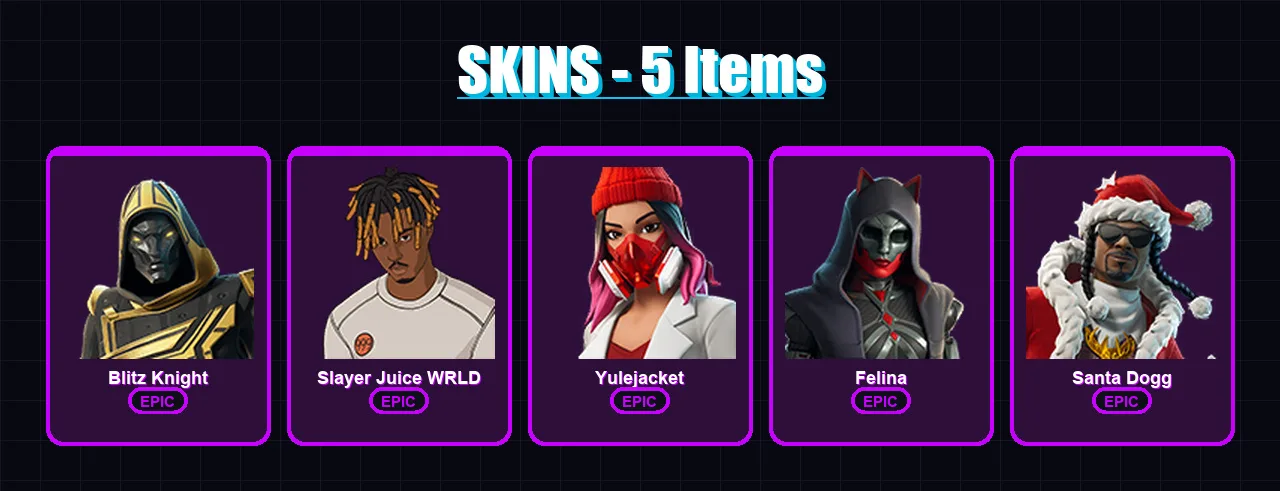 [PC/PSN] | Blitz Knight | Slayer Juice WRLD | Yulejacket | Felina | Santa Dogg | 5 skin | 50 pickaxe | 19 emote | 32 glider | Lv521