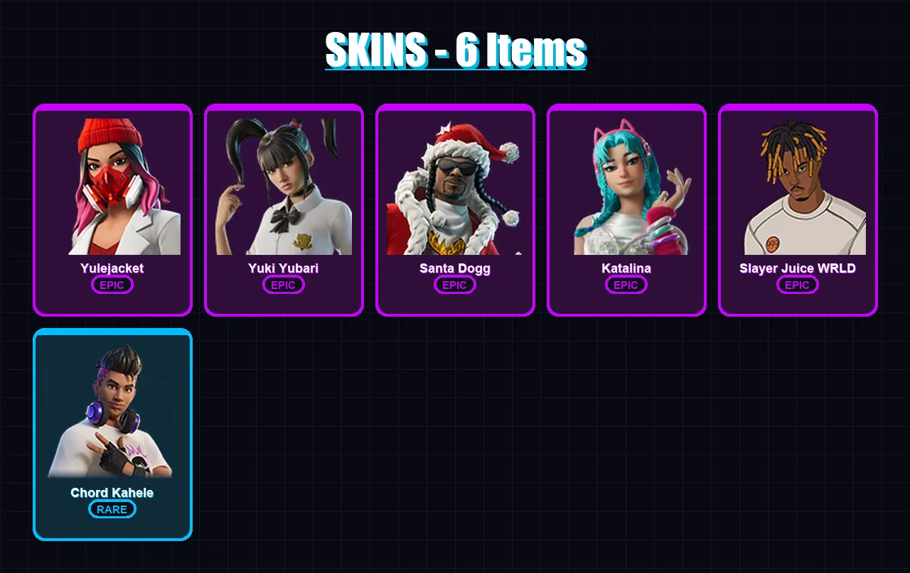 [PC/XBOX/PSN] | Yulejacket | Yuki Yubari | Santa Dogg | Katalina | Slayer Juice WRLD | 6 skin | 12 pickaxe | 6 emote | 6 glider | Lv67
