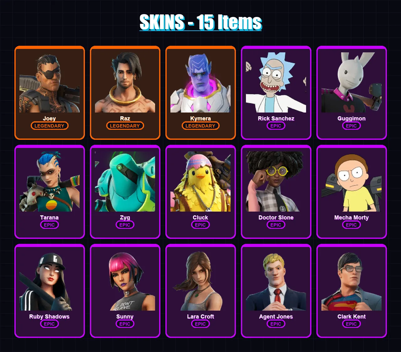[SWITCH/PSN/PC] | Joey | Raz | Kymera | Rick Sanchez | Guggimon | 15 skin | 20 pickaxe | 25 emote | 22 glider | Lv327