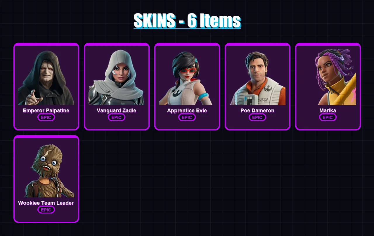 [PC/XBOX/PSN] | Emperor Palpatine | Vanguard Zadie | Apprentice Evie | Poe Dameron | Marika | 6 skin | 21 pickaxe | 10 emote | 15 glider | Lv225