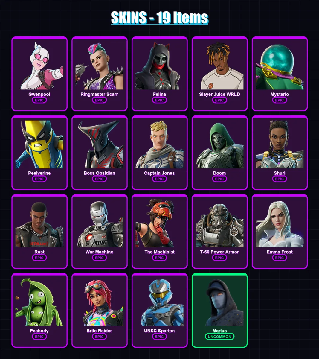 [PC/XBOX/PSN] | Gwenpool | Ringmaster Scarr | Felina | Slayer Juice WRLD | Mysterio | 19 skin | 44 pickaxe | 24 emote | 32 glider | Lv434 — Fortnite account