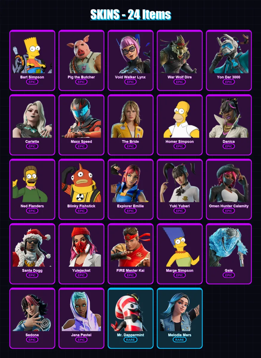 [PC/PSN] | Bart Simpson | Pig the Butcher | Void Walker Lynx | War Wolf Dire | Yon Dar 3000 | 24 skin | 46 pickaxe | 22 emote | 28 glider | Lv307