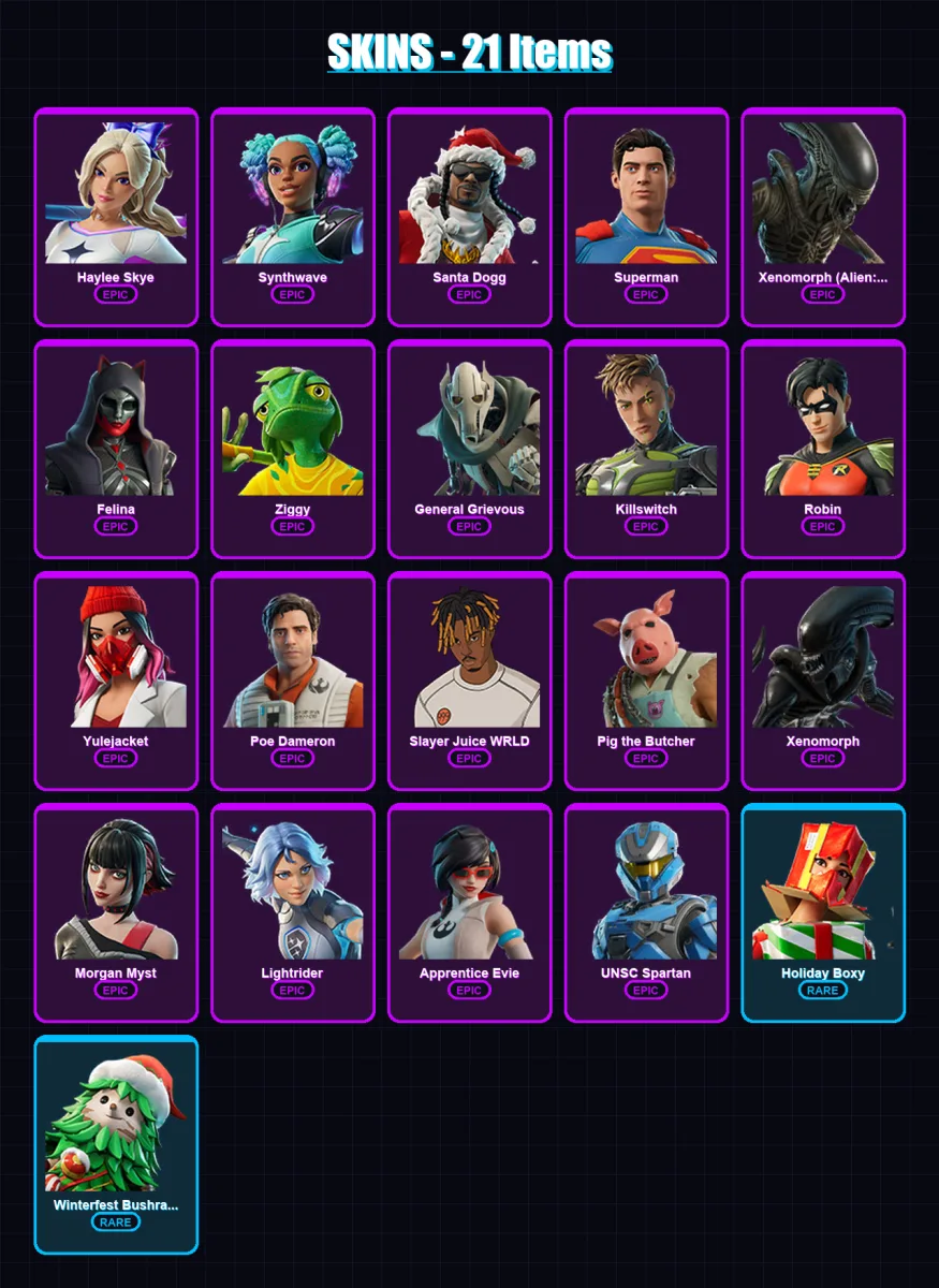 [PC/XBOX/PSN] | Haylee Skye | Synthwave | Santa Dogg | Superman | Xenomorph (Alien: Earth) | 21 skin | 64 pickaxe | 32 emote | 50 glider | Lv635